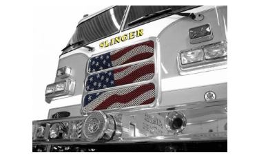 Slinger Fire Department graphic of a fire truck with a U.S. Flag in the front grill