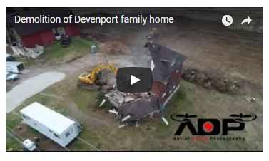 Drone shot by ADP of demolition of Devenport family home in West Bend.