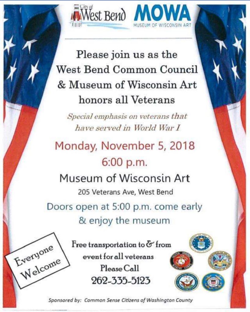 Poster highlighting Veterans event on Nov. 5, 2018 at the Museum of Wisconsin Art in West Bend