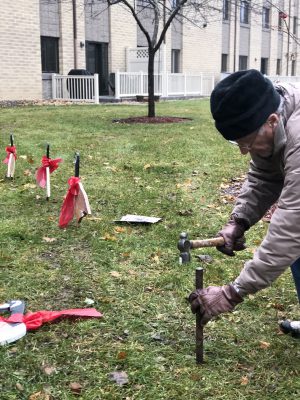 Dad installing Christmas geese at Cedar Ridge 2018
