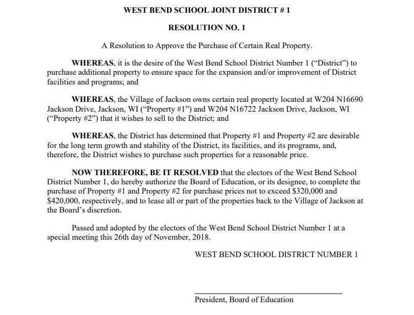 WBSD resolution to approve property purchase