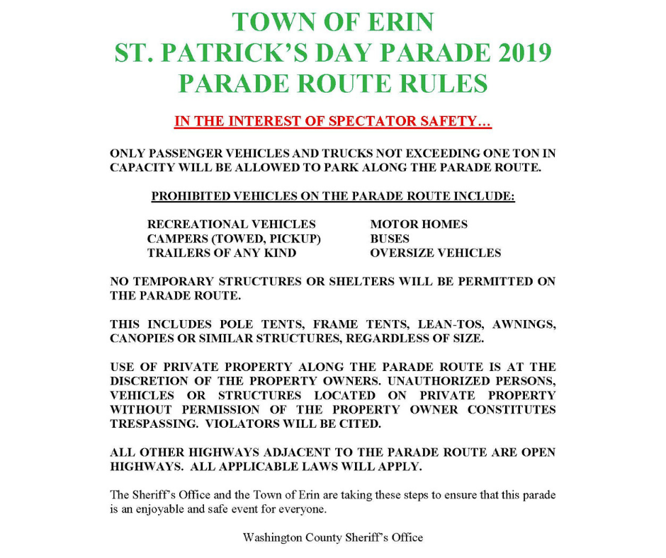 rules for Town of Erin Parade