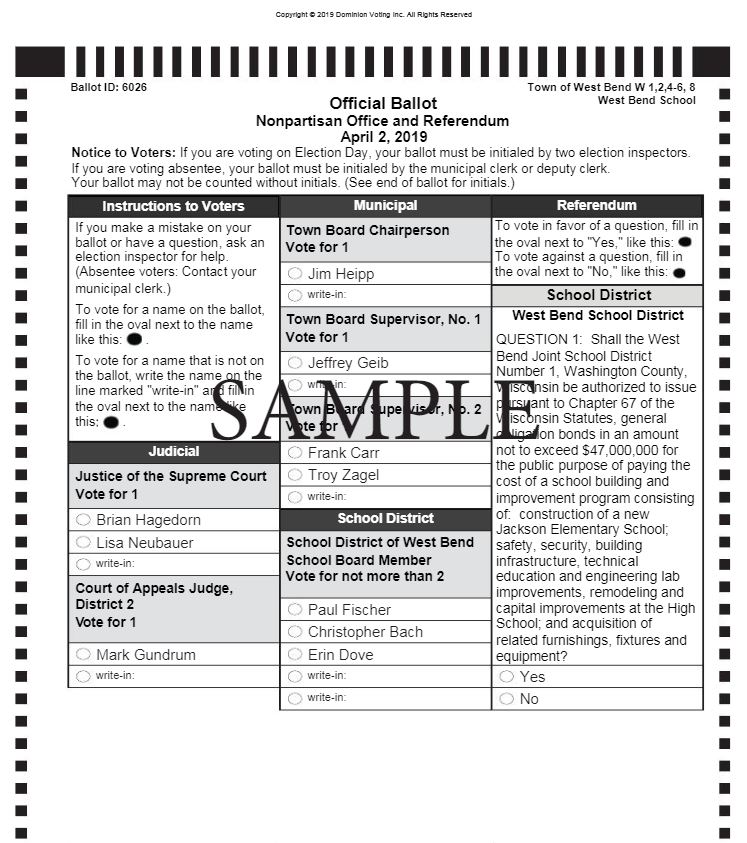 Sample ballot for Town of West Bend