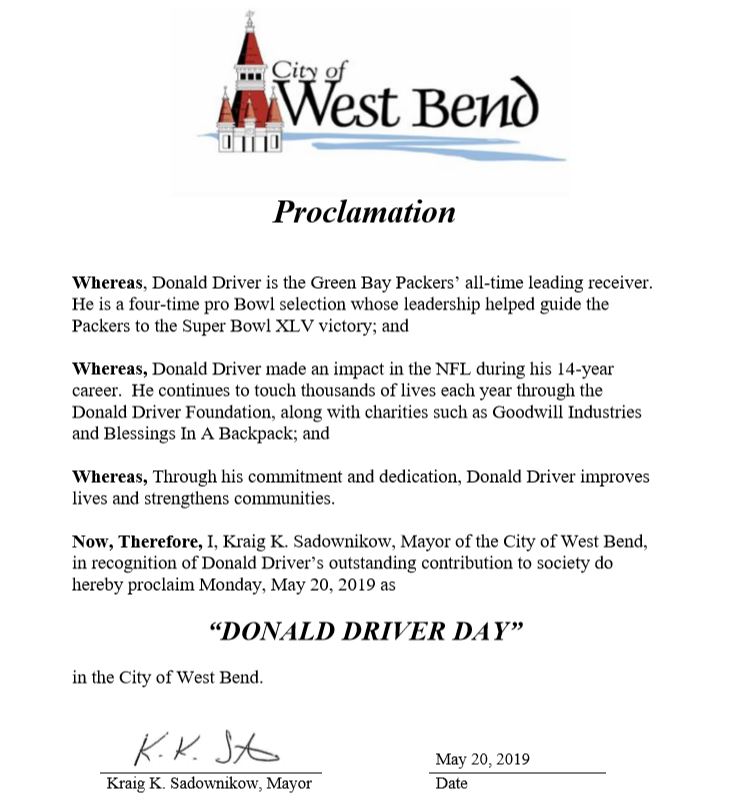 Donald Driver proclamation