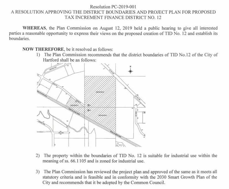 Plan Commission rezoning in Hartford for new TID