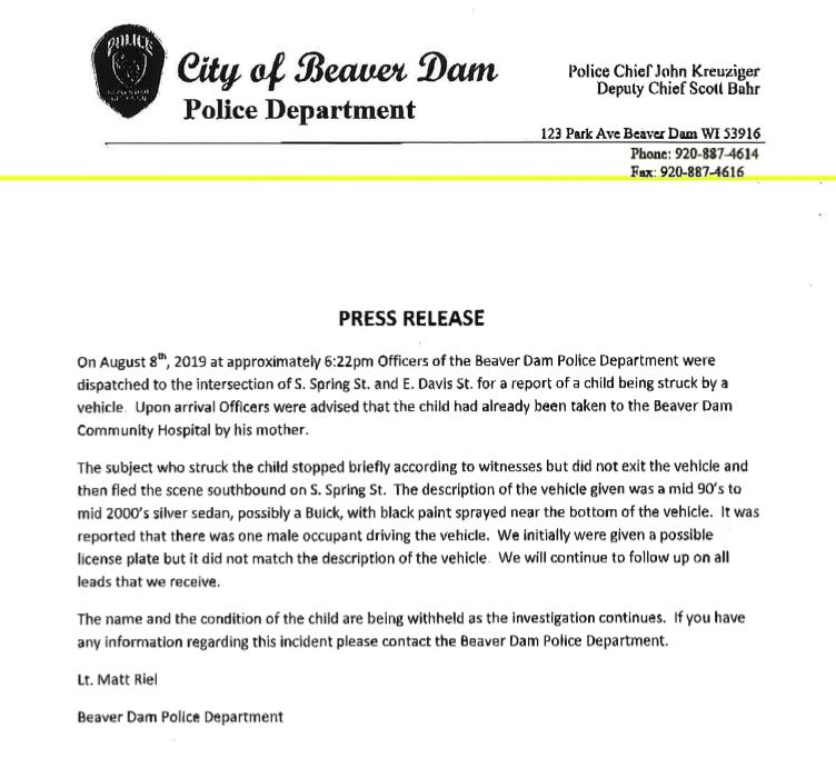 Beaver Dam Police hit and run press release