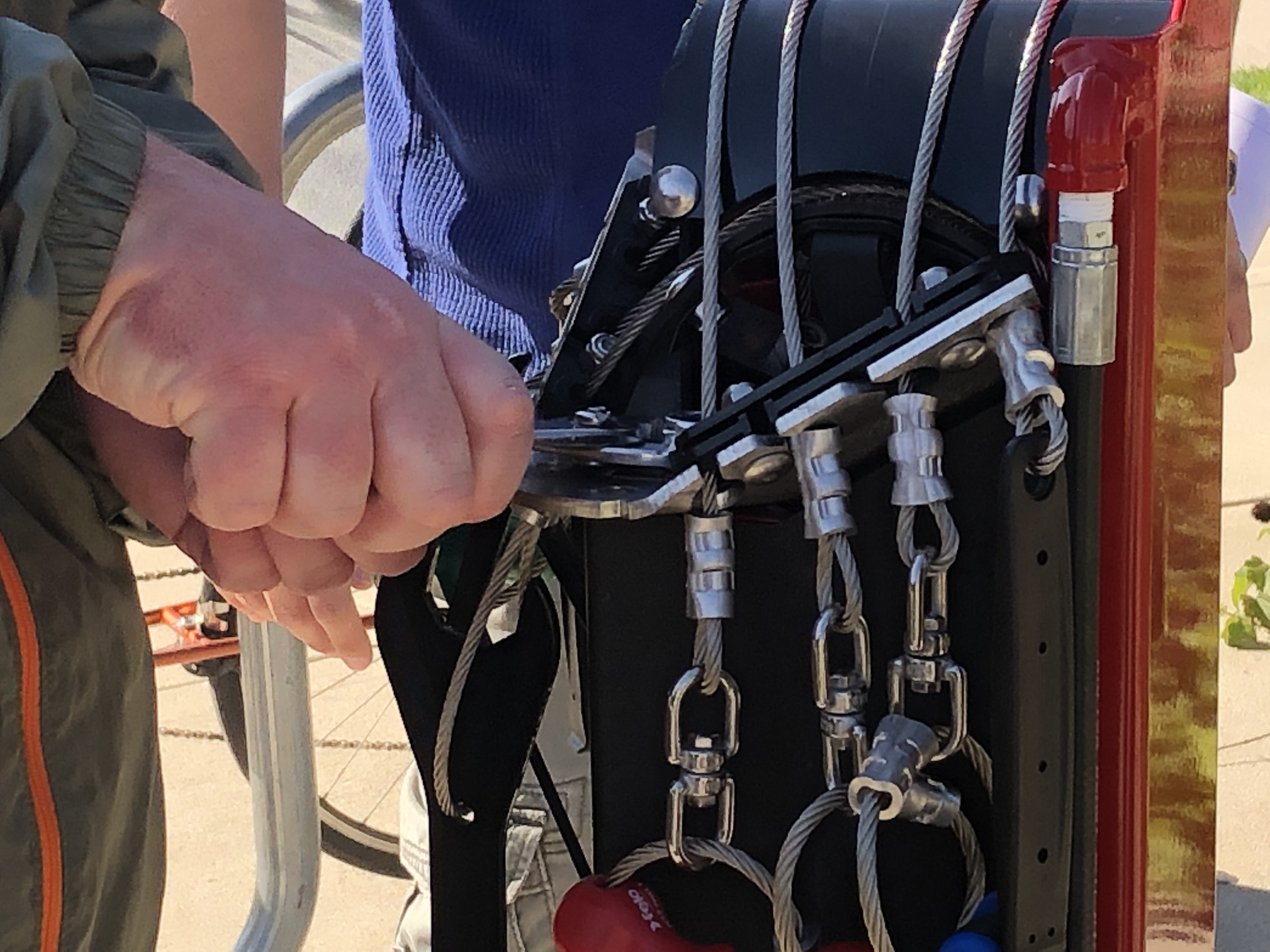 Bike tools on repair stand outside the old train depot in West Bend.