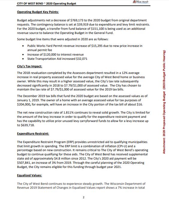 City of West Bend 2020 budget