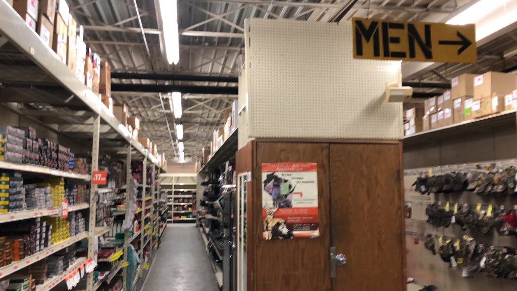 Fleet Farm narrow aisles and men's bathroom