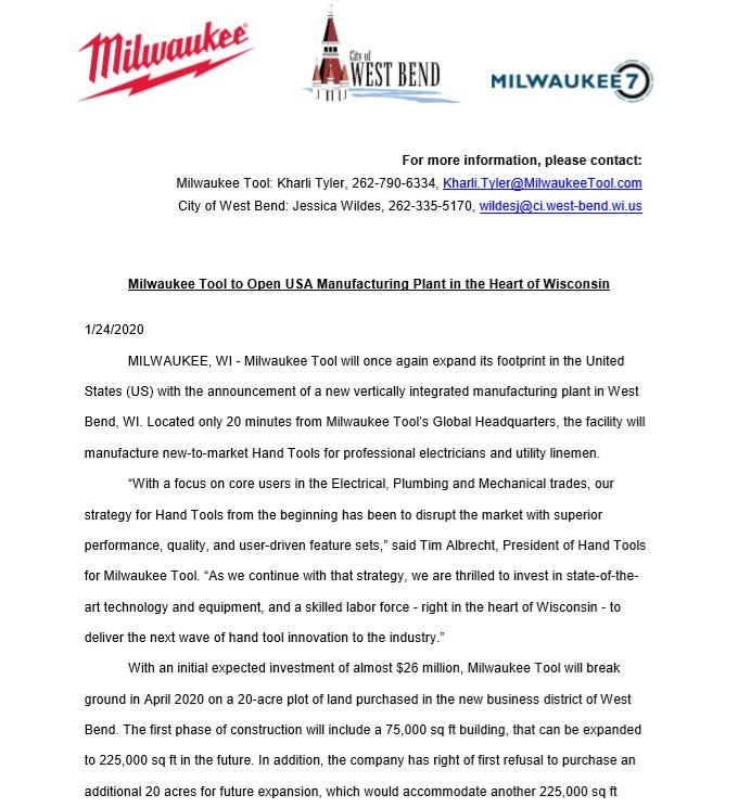 Milw Tool announcement for West Bend 