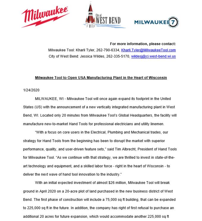 Milw Tool announcement for West Bend