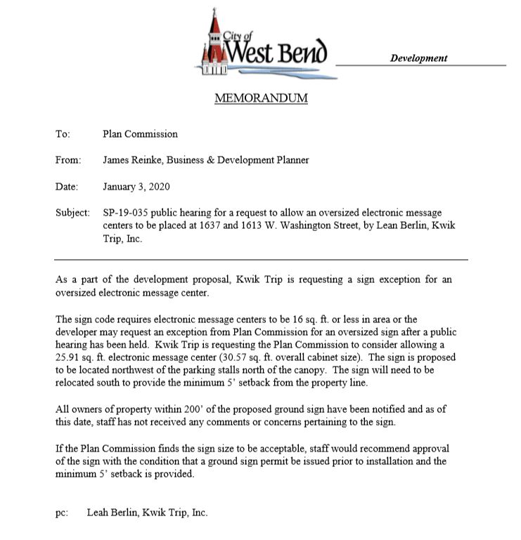 West Bend Plan Commission on Kwik Trip agenda