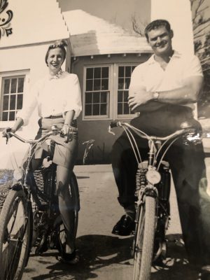 Peg and Bernie Ziegler on bicycles