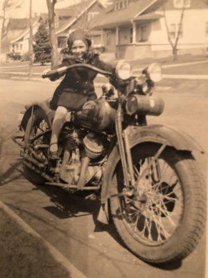 Peg Gumm on motorcycle