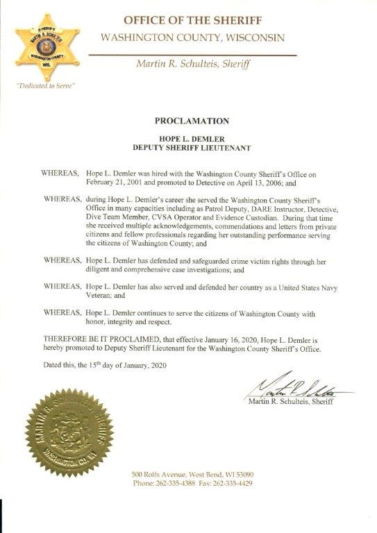 Hope Demler commendation