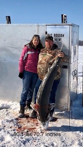 Sturgeon Patrick Ruggow with the 90.1 pound, 70.7 inch lake sturgeon that he registered a