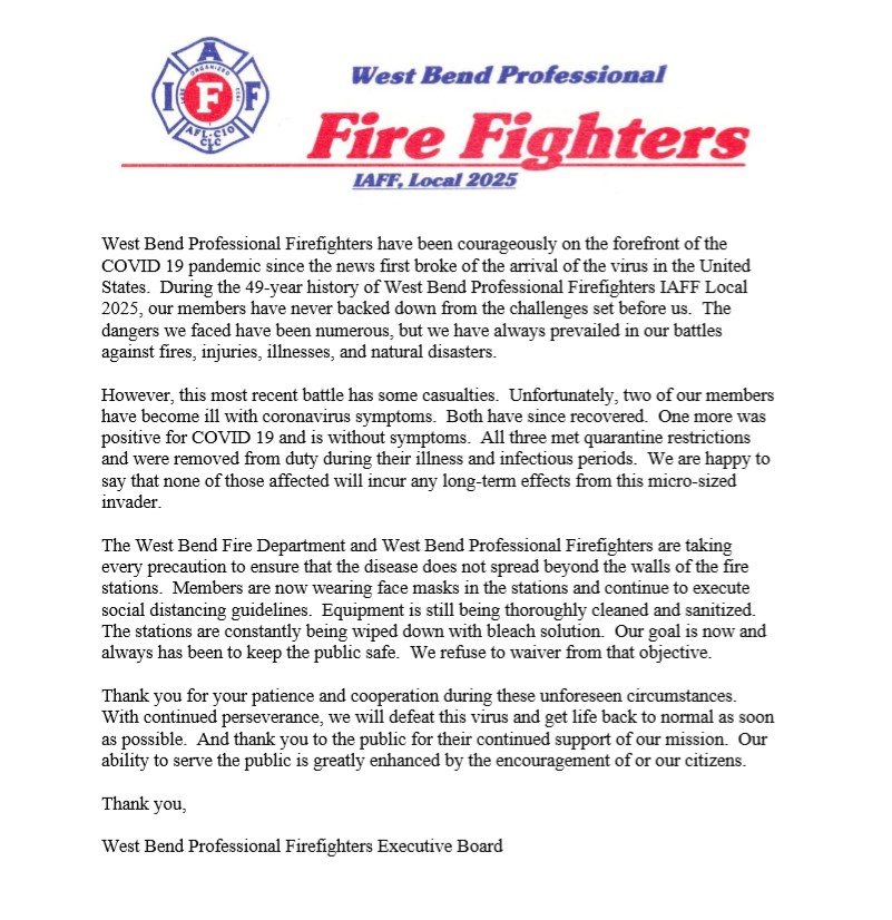 West Bend Firefighters Union response to COVID-19