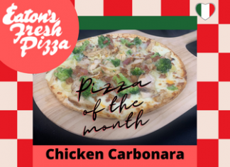 The flavor of Italian is all yours with chicken carbonara pizza at Eaton’s