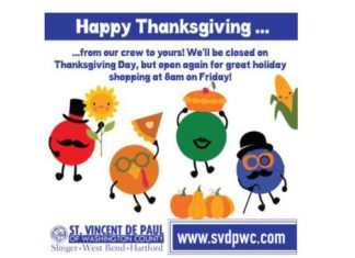 St. Vincent De Paul stores in Washington County closed to observe Thanksgiving, November 25,