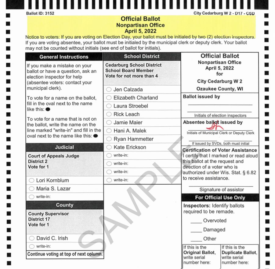Cedarburg sample ballot