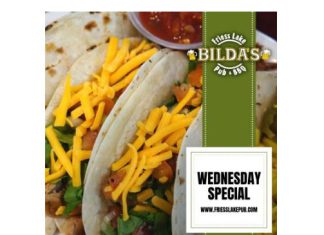 3 delicious smoked meat tacos are the Wednesday Special at Bilda’s Friess Lake Pub