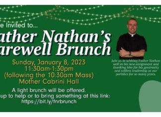 Final Mass schedule and farewell Sunday brunch with Rev. Nathan Reesman is January 8, 2023