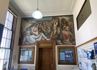 Post Office art in Greybull, WY depicts chuckwagon experience, cowboy comraderie