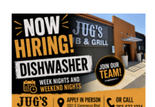 Jobs, jobs, jobs – Dishwasher needed at Jug’s Pub & Grill in Slinger, Wi