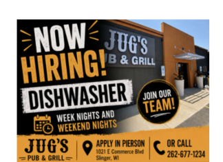 Jobs, jobs, jobs – Dishwasher needed at Jug’s Pub & Grill in Slinger, Wi