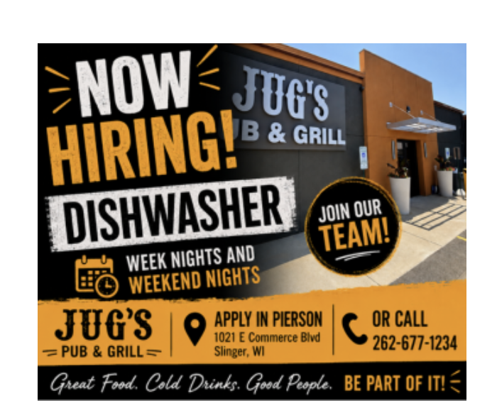 Jobs, jobs, jobs - Dishwasher needed at Jug's Pub & Grill in Slinger, Wi