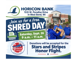 FREE Shred Day is Saturday, Sept. 26, 2026 at Horicon Bank in West Bend, Wi