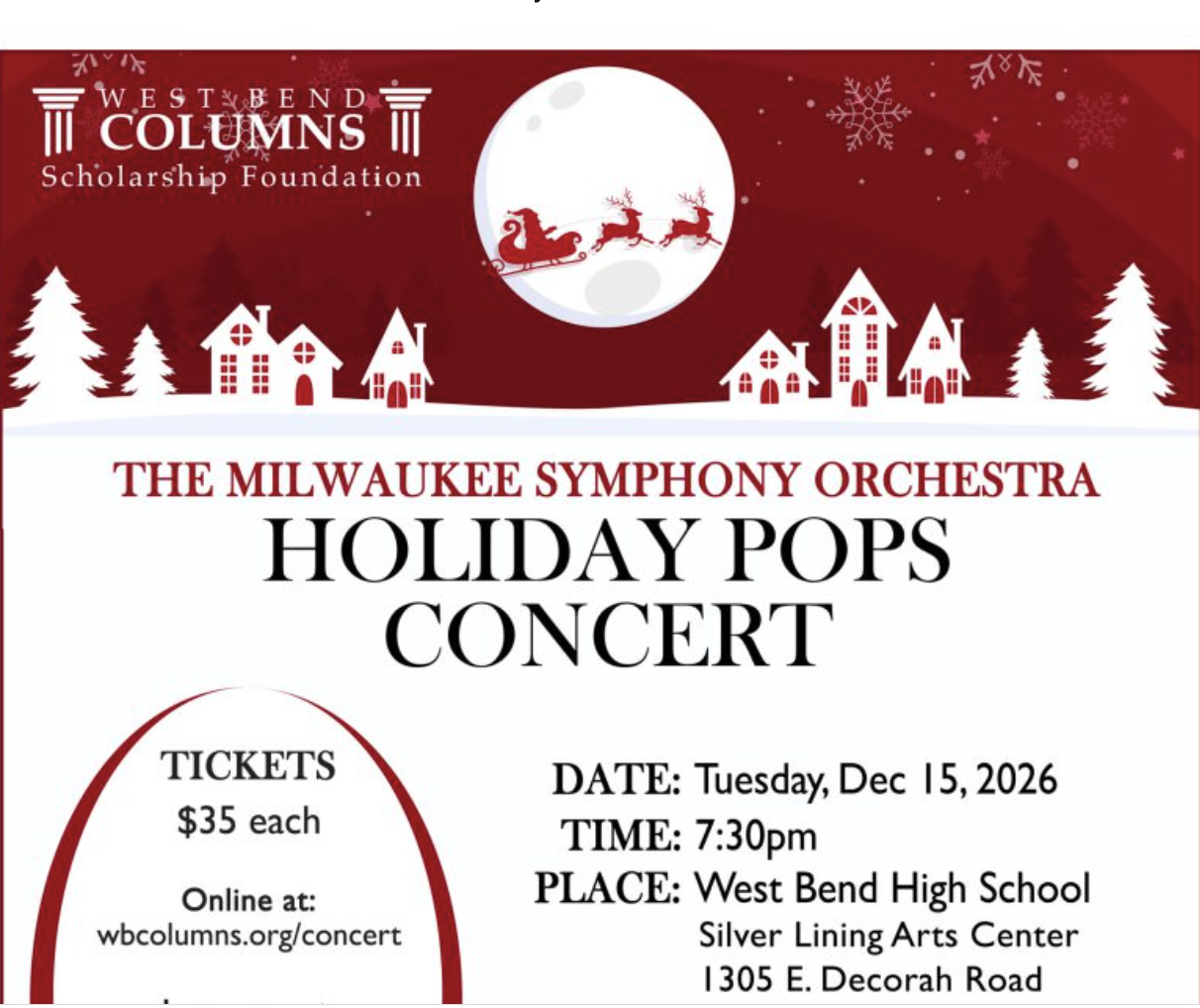 MSO Holiday Pops Concert is December 15, 2026 in West Bend, Wi